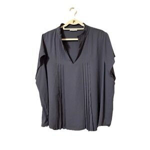 Calvin Klein Blouse Navy Blue Long Sleeve Pleated Ruffle V-Neck Chiffon